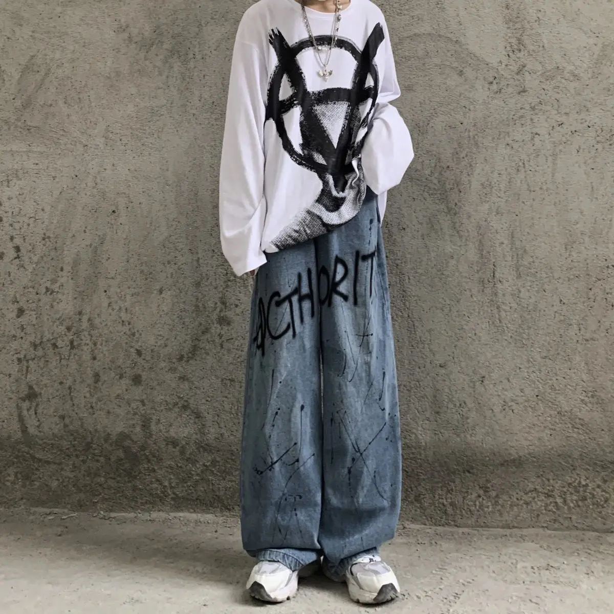 European and American High Street Ink Graffiti Print Retro Street Dark Straight Pants Loose Jeans Men Trend Baggy Jeans Casual