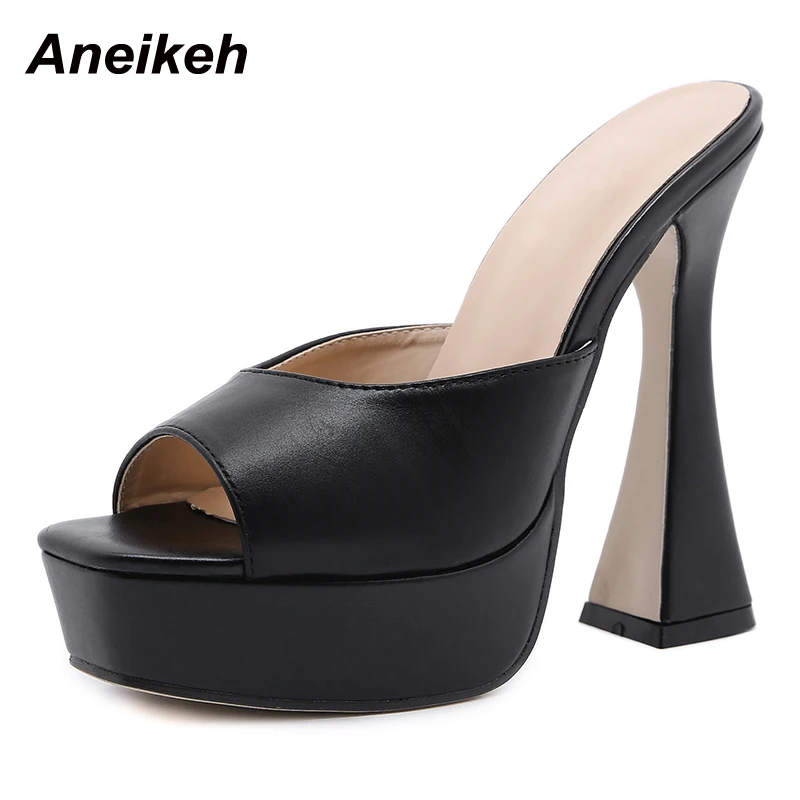 

Aneikeh PU Платформа с открытым носком каблук-шпилька современные Тапочки Летняя мода Женская обувь Сексуальная однотонная женская элегантная Закрытая обувь
