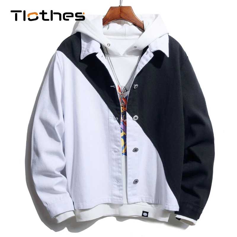 

Denim Jacket Men's Clothing Black White Oblique Patchwork Jeans Jacket Long Sleeve Jeans Shirts Mens Cowboy Clothes Leisure