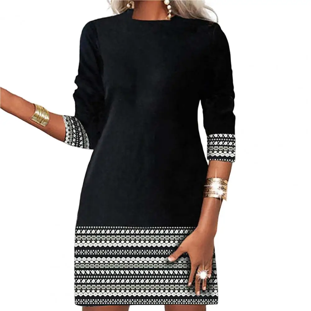 

Spring Dress Striped Soft Warm Round Neck Spring Dress Autumn Mini Dress for Daily Wear