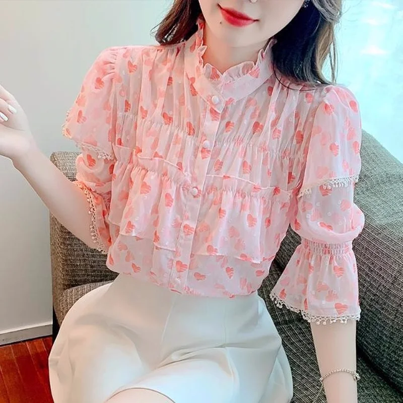 

Blouse Female 2023 Short -sleeved New Summer Ocean -printed Chiffon Shirt Versatile Design Sense Niche Top Female Blouse Tops