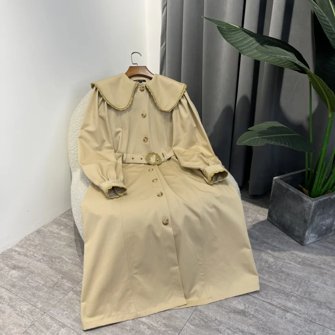 

New 2022 Original Design Ladies Cotton Trench Coat Vintage Front Buttons Belt Long Lantern Sleeve Hot Sales Clothes