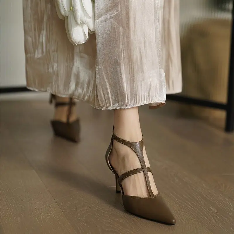 

Roman Baotou Sandals Soft Leather High Heels Women's Autumn New Sheepskin Thin Heel Pointed French Niche Temperament Shoes