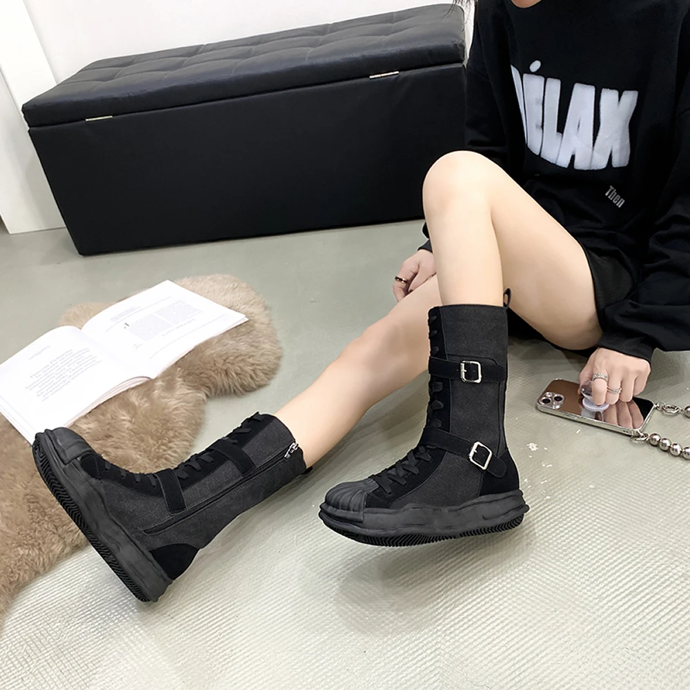 Mid-tube canvas Martin boots female autumn women 2023 new tooling big yellow boots thin thin short boots high top shoes