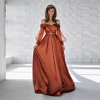 elegant satin evening dress off shoulder long sleeve sweetheart floor length a line pleat formal wedding party gown for woman