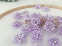 10 pcs purple rhinestone handcrafted flowers beads applique handmade 3d floral organza patch for clothing suppliesoff white