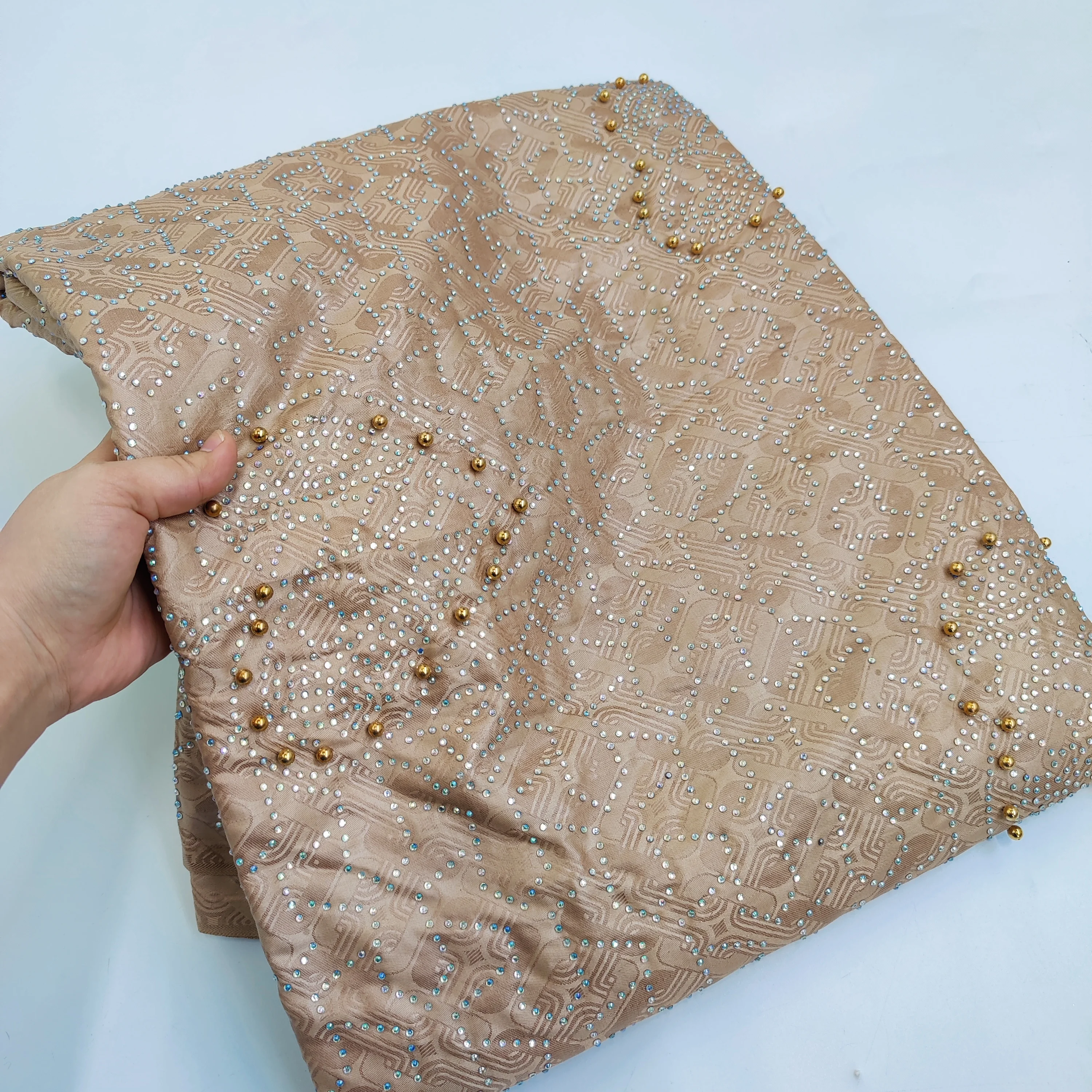 Новинка 2024 базин богатый с полными камнями и бусинами бежевый Африканский