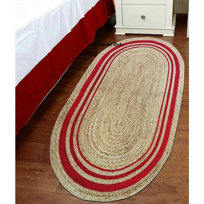 

Rug Natural Jute Braided Reversible 2x4 Feet Oval Rug Jute Color Red Stripes Modern Area Carpet Rug