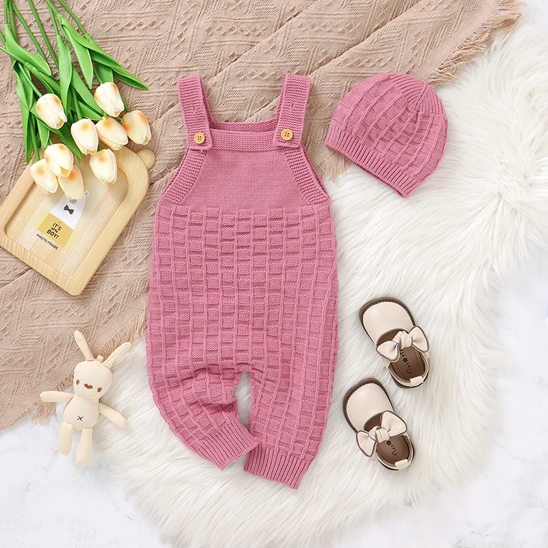 

Pink Baby Girls Rompers Hats Clothes 0-18m Newborn Infant Solid Sleeveless Knit Jumpsuits Playsuits Toddler Kids Outwear Overall