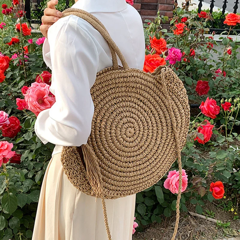 

Летняя соломенная сумка через плечо для женщин, вместительные сумки, плетеная круглая пляжная сумка, плетеная корзина ручной работы, дорожная хозяйственная сумка