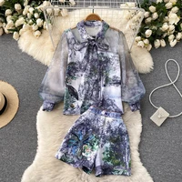 women mesh tulle blouse shirt with mini shorts two pieces sets fashion clothing outfits women blouses fashion print tracksuits