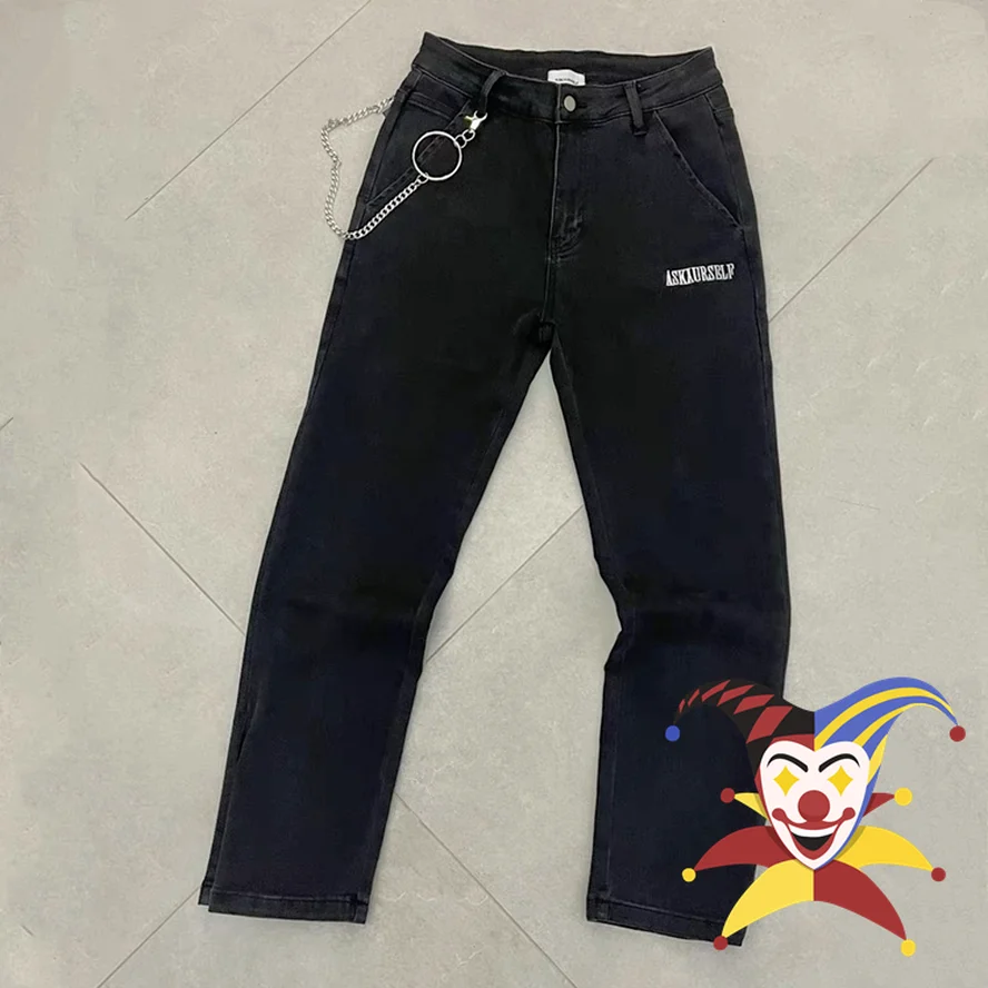 

Wash Black ASKYURSELF Link Jeans Men Women Embroidered Logo ASKYURSELF Jeans High Street Denim Trousers