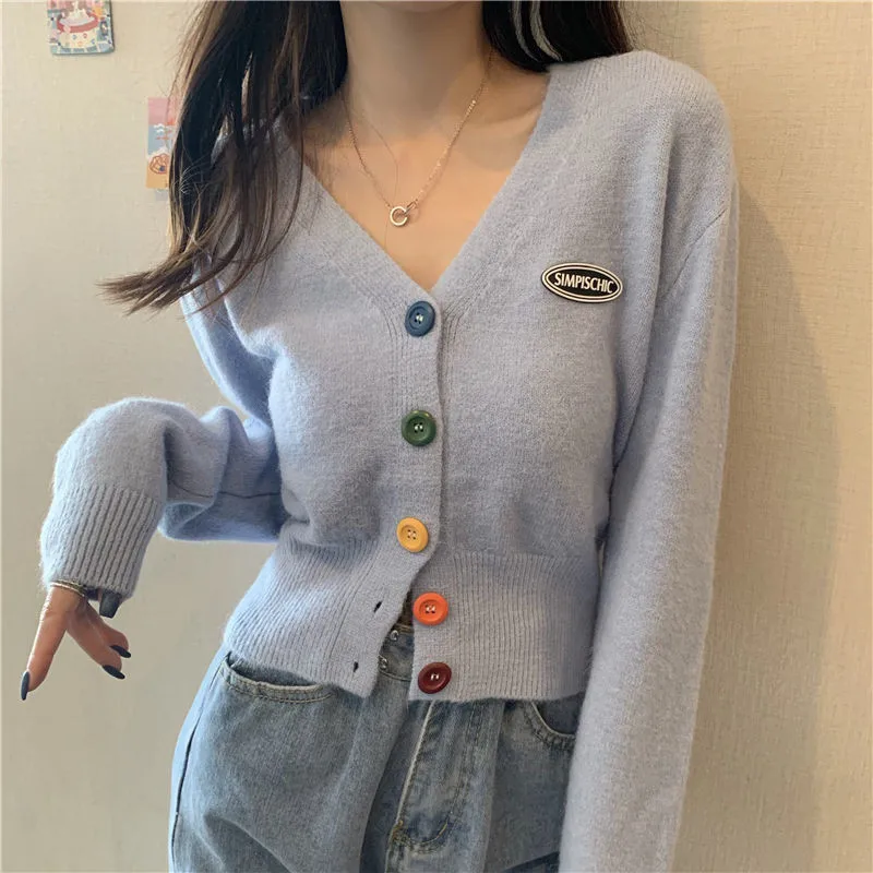 

Women Spring Autumn Cropped Cardigan Cute Sweaters New Korean Casual Kawaii V Neck Long Sleeve Sweater Sweet Knitted Cardigan