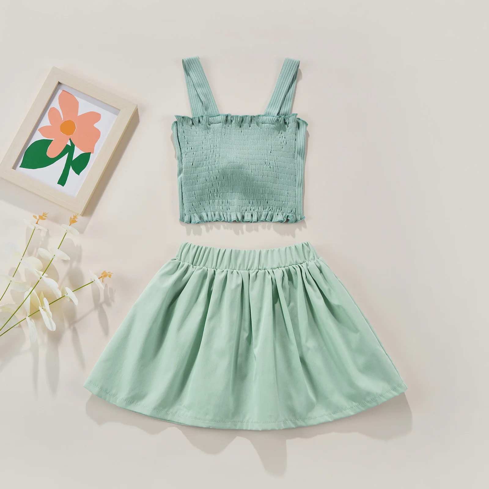 

Toddler Kids Girls 2 Pieces Outfits Baby Girls Ruched Sleeveless Sling Tank Tops Elastic Waist A Line Skirt Summer Sets