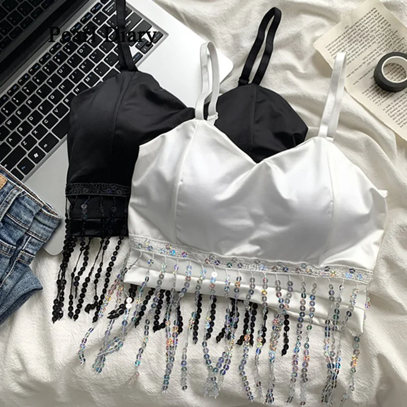 

Pearl Diary Personality Tassel Small Camis Vest Women's Summer With Chest Pad Sexy Sweet Tops Women Slim Thin All-Match Top Ins