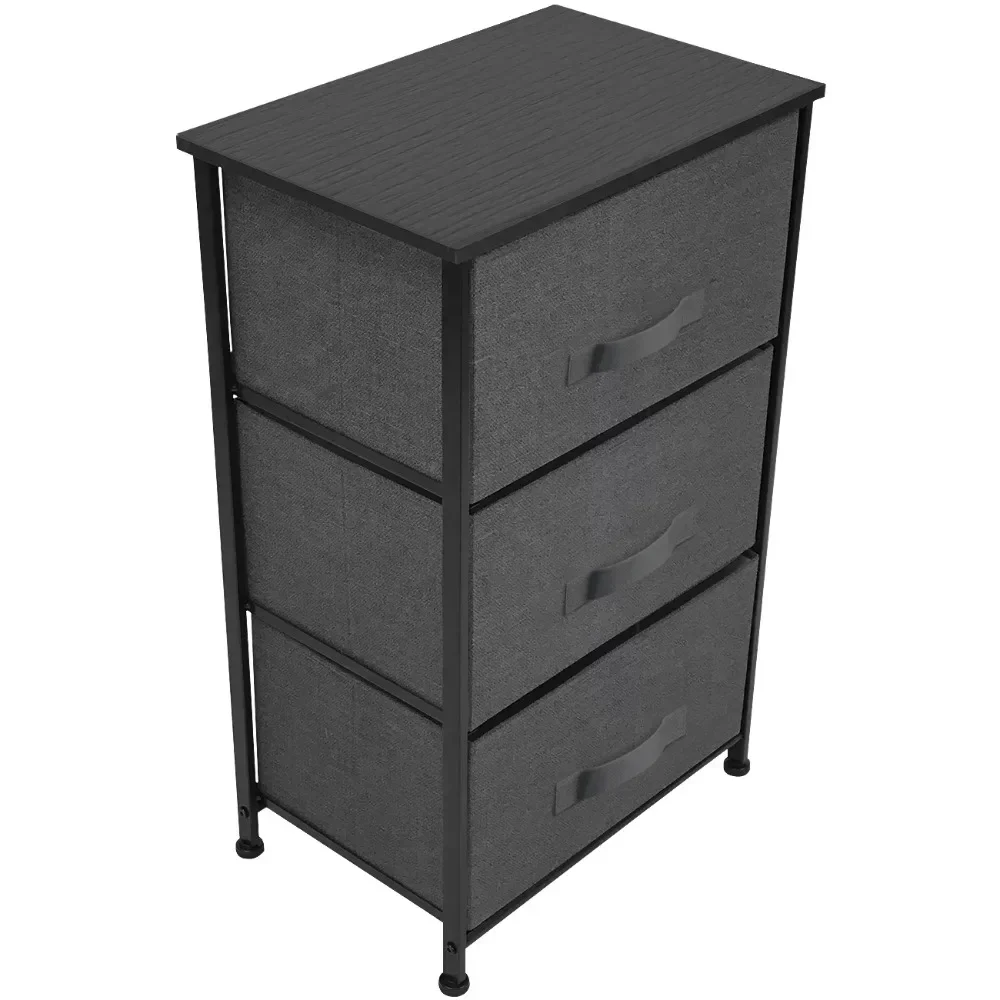 

3 Drawers Nightstand Chest Dresser - Metal Frame, Fabric Bins Wood Top Black Bedroom Living Room Closet Storage Organiz