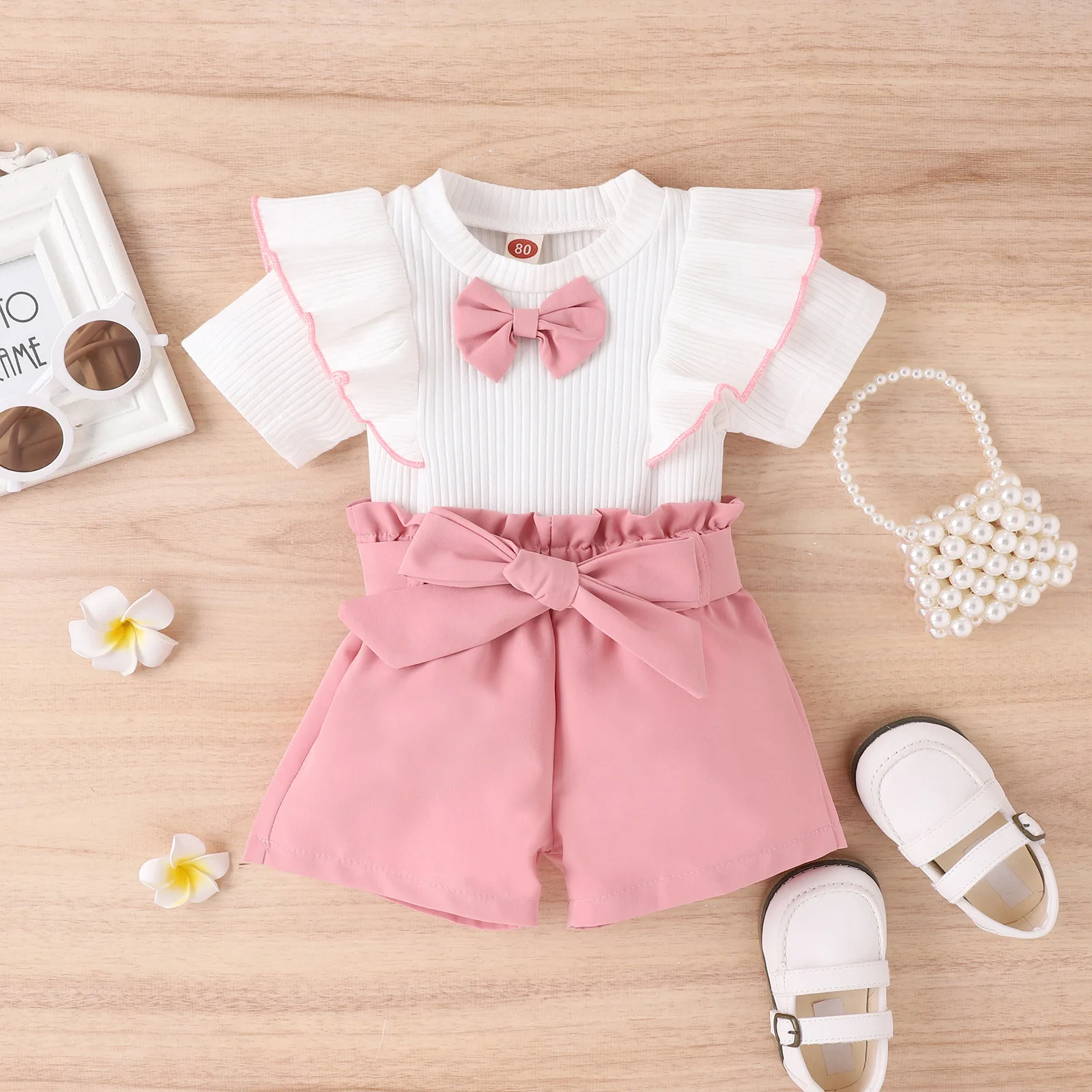 

New Fashion Baby Girls Clothes Set Korean Summer Bow Short Sleeve Ruffle Tops+Solid Color Shorts+Bow Belt Kids Sweet Suit 9M-4T