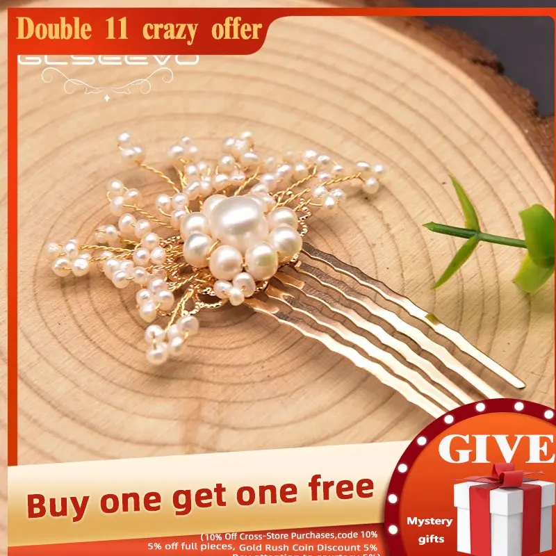 

GLSEEVO Handmade Natural Pearl Hairpin Woman Wedding Party Boutique Gift Headdress Pearl Short Branch Hair Comb Jewelry GH0050
