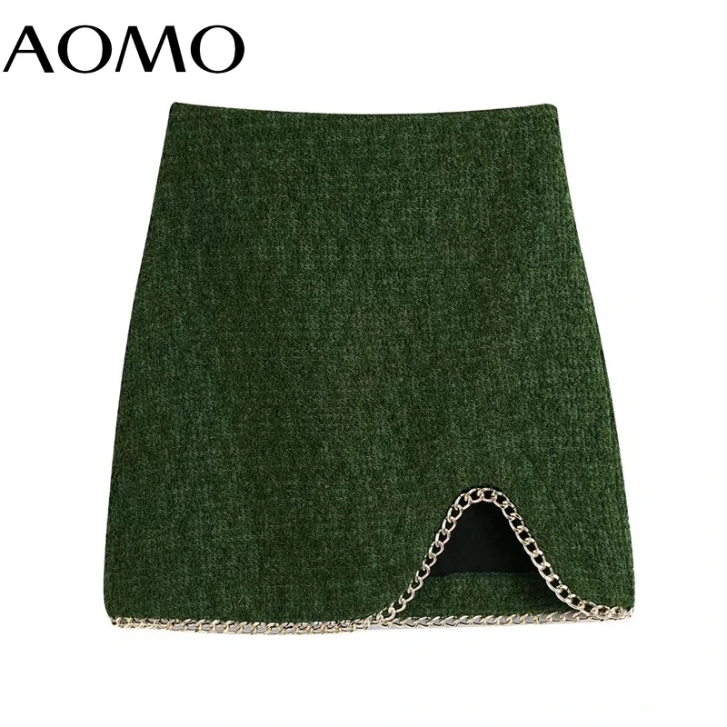 

AOMO 2021 Women Green Tweed Chain Decorate Skirts Faldas Mujer Zipper French Style Female Mini Skirt BE726A