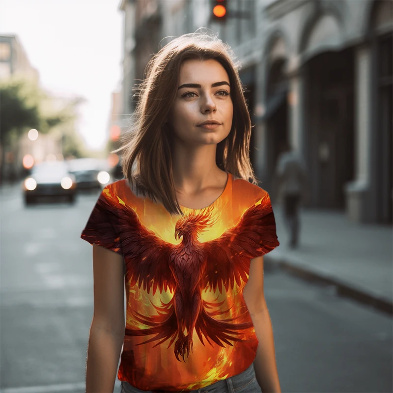 

Футболки для повседневного отдыха, Простые Летние футболки, лидер продаж, футболка с принтом Феникса, Женская Классическая футболка с круглым вырезом