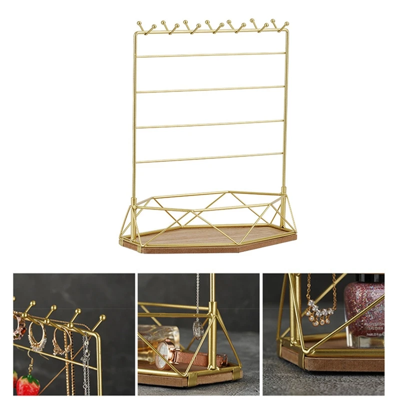 Table Hanging Jewelry Organizer Jewelry Stand Holder Display Stand with Jewelry Tray Base Gold Metal Frame Rack Holder