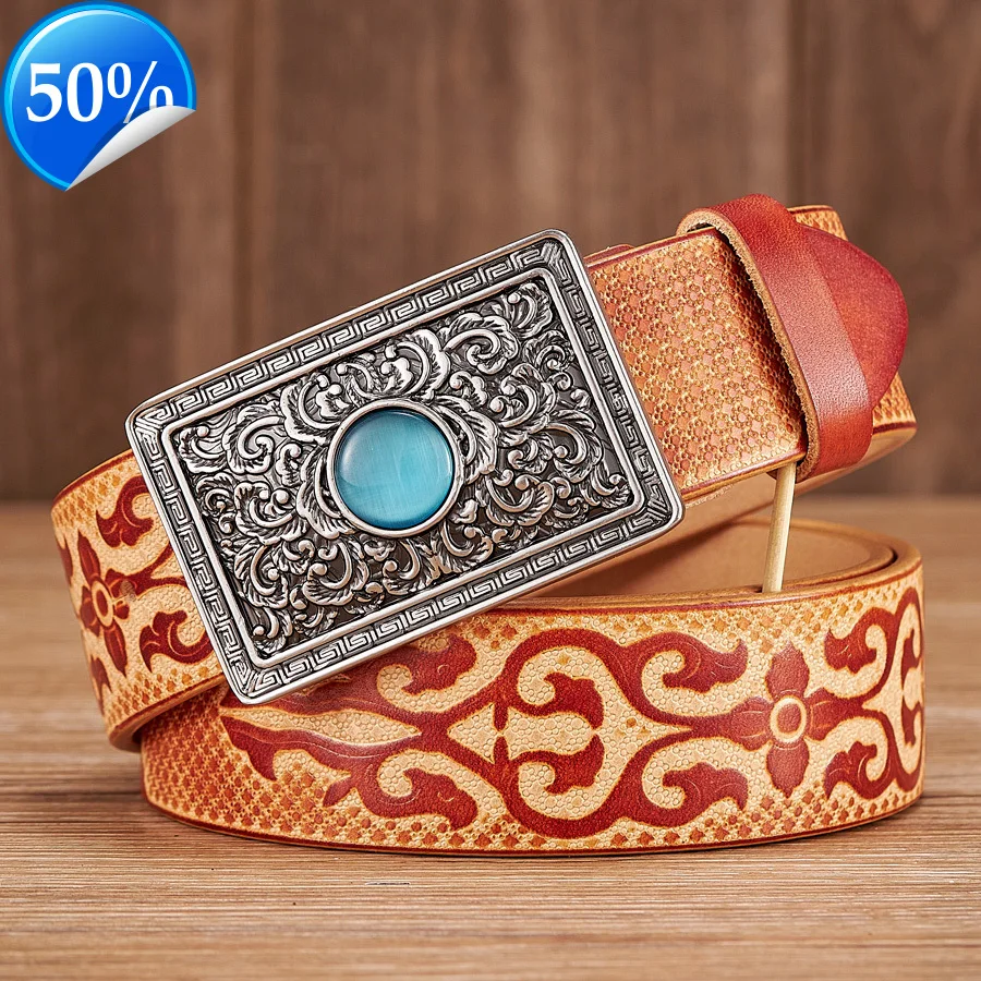3.8CM Real Cowskin Genuine Leather Belt for Men Wide Quality Design Chinese Ethnic Style Auspicious Pattern Embossing Strap