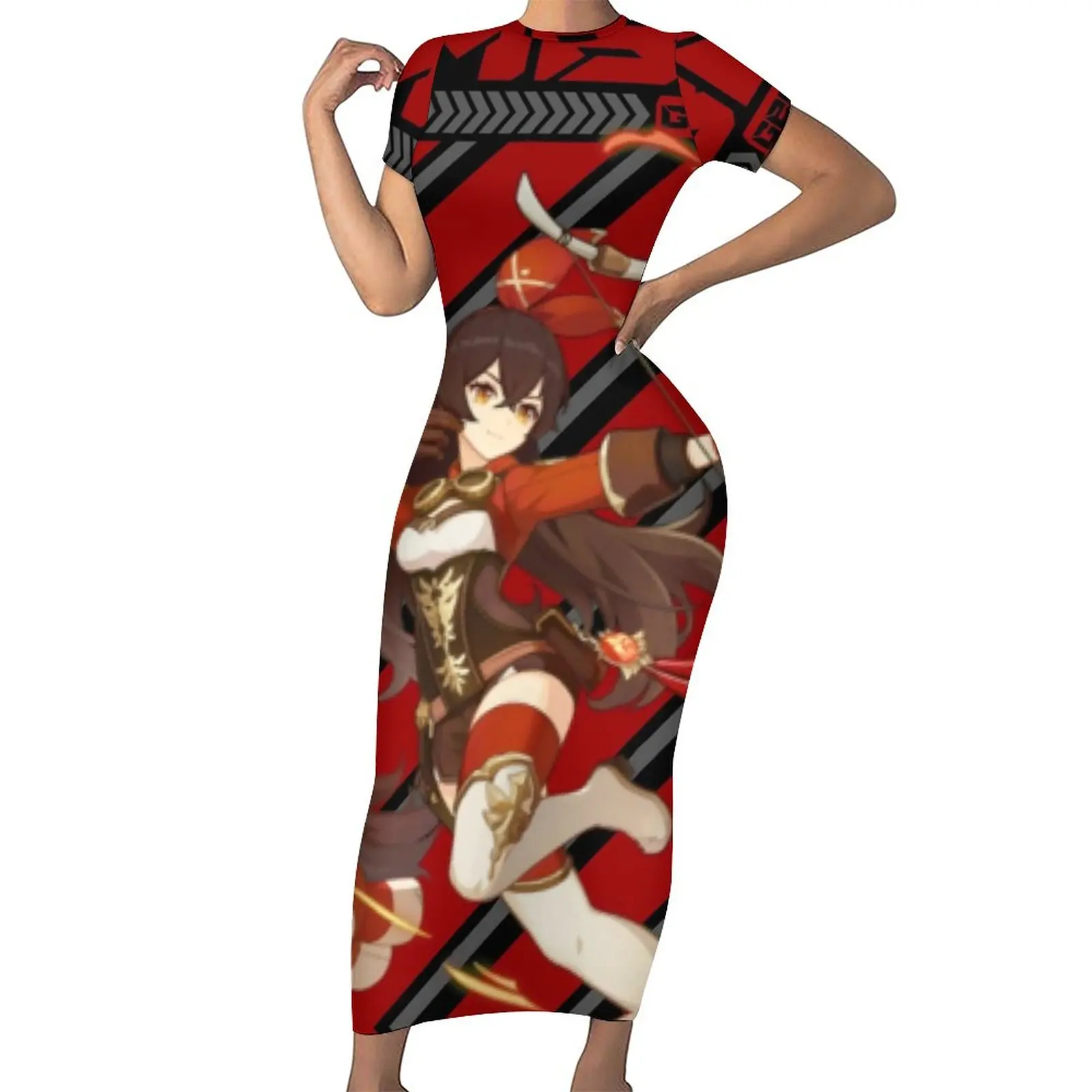 

Anime Genshin Dress Short Sleeve Amber Wish Print Korean Fashion Maxi Dresses Trendy Bodycon Dress Women Design Big Size Vestido