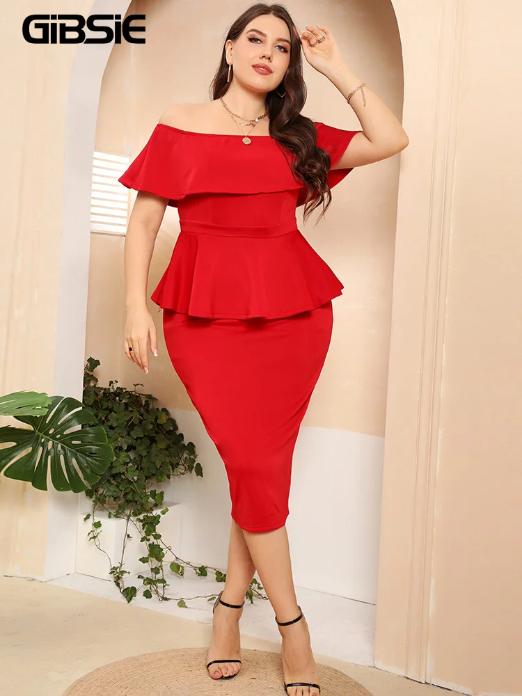 

GIBSIE Elegant Office Lady Sexy Two Piece Set Plus Size Women Summer Off Shoulder Peplum Tops With Bodycon Midi Skirts Sets