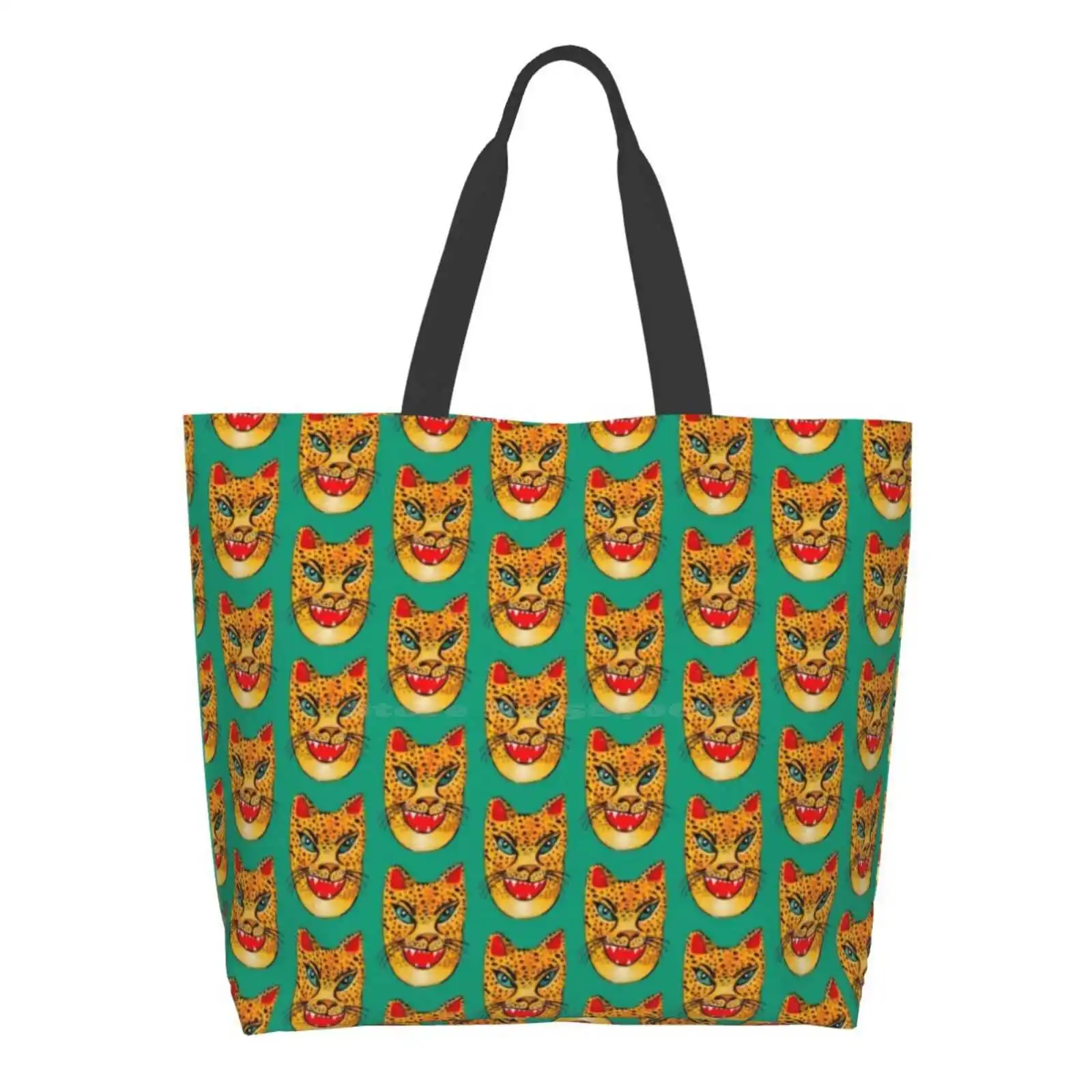 

Laughing Jaguar On Green Reusable Shopping Bag Tote Large Size Cat Meow Roar Cheetah Leopard Animals Animal Nature Watercolor