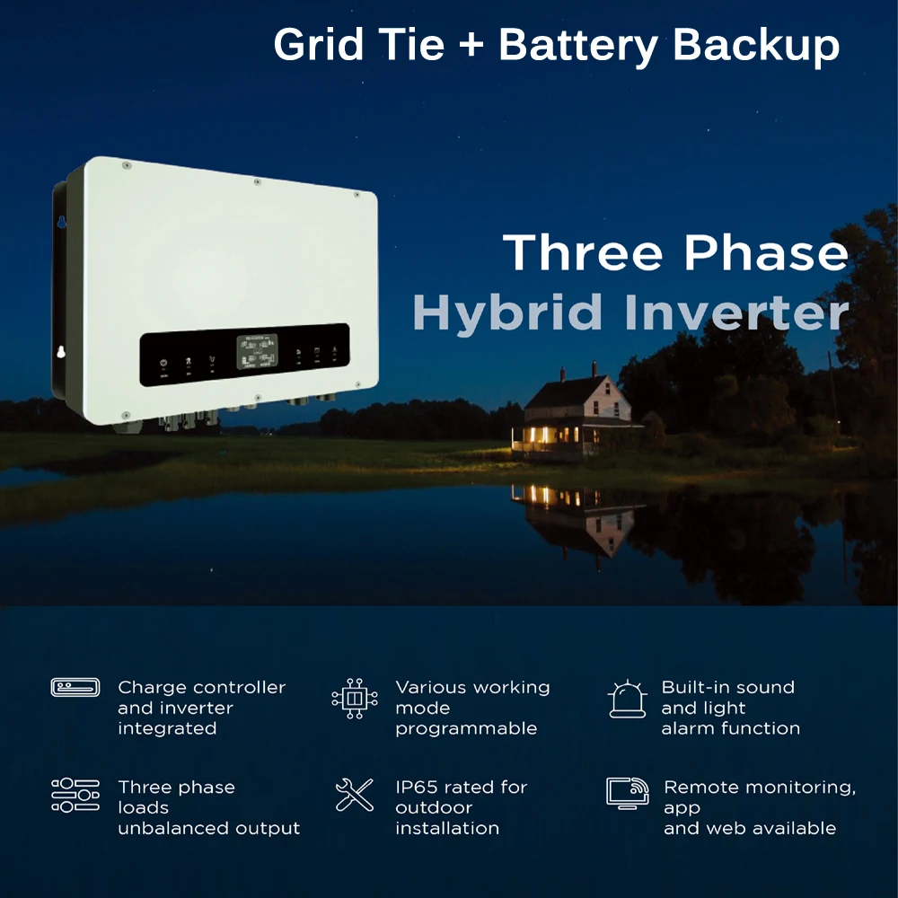 Hybrid Solar Power Inverter 4KW 5KW 6KW 8KW 10KW 12KW 3 Phase MPPT On Grid Tie WIFI Default Waterproof IP65 For Battery Backup