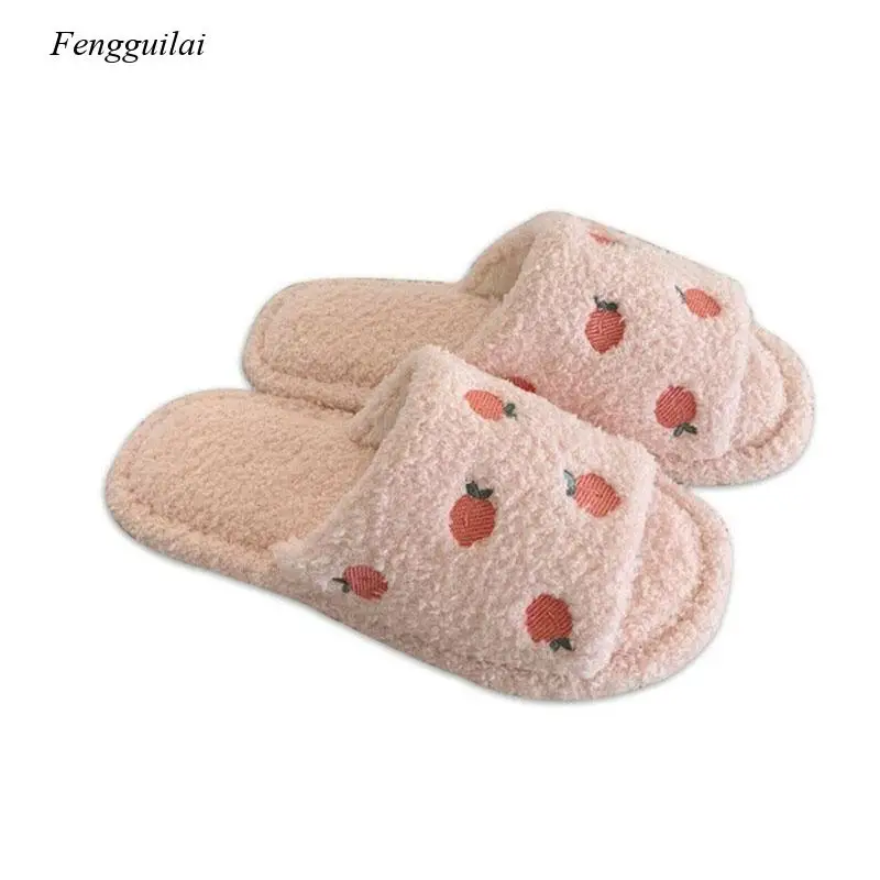2022 Cute Cartoon Peach Plush Women Slippers Winter Home Warm Furry Footwear New Fashion Autumn House Slides Female Flip Flops
