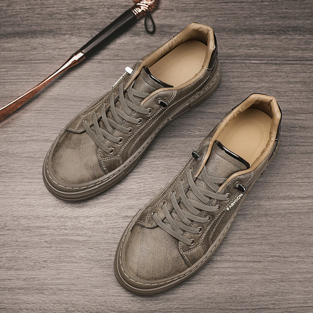 

Brand Breathable Men Flats Fashion Leather Casual sneaker Flats Shoes Men's Black Vulcanized Black white Khaki Shoes A58-48