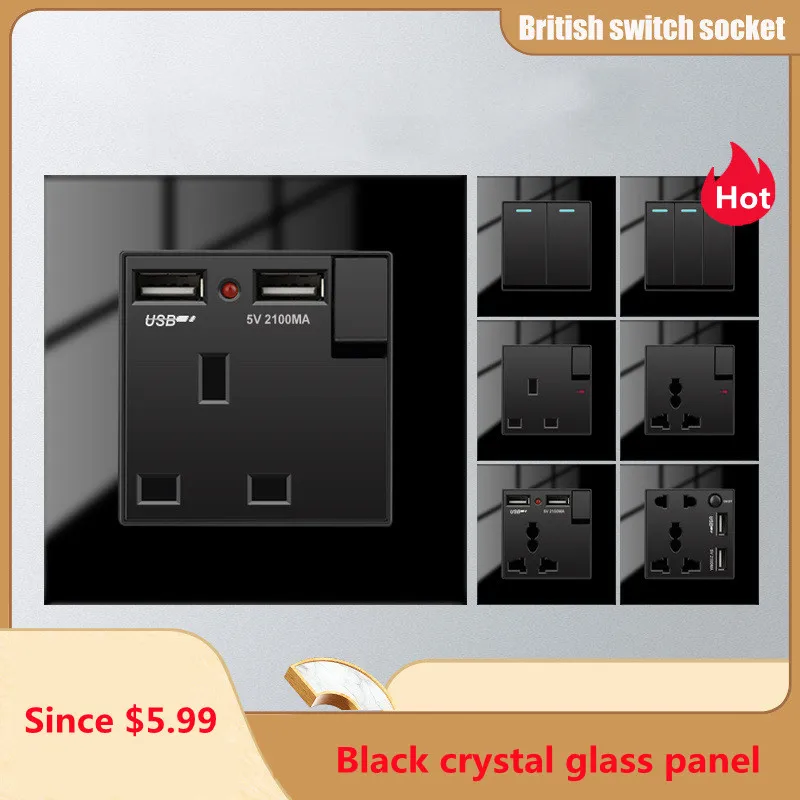

Danni Black Glass UK Standard USB Wall Socket, Universal 5-hole Socket with Dual USB plug2.1A Charging Ports AC110V-250V