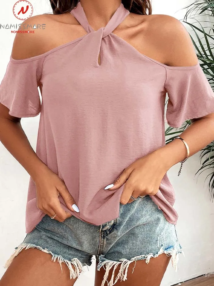 

Сексуальные женские летние однотонные футболки, ажурные дизайнерские бандажные украшения, Холтер, короткий рукав, повседневные свободные ...