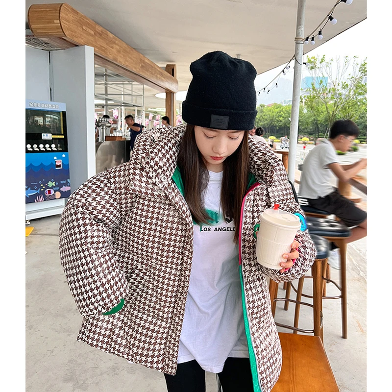 Women Black Plaid Down Jacket Winter Fashion Contrasting Colors Short Windproof Warm Thicken Coat Hooded Puffer Outwear Tops