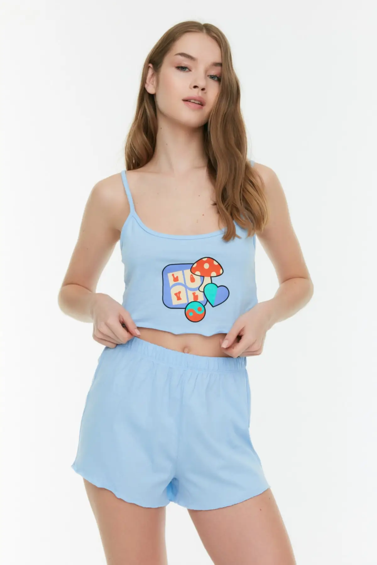 

Women's Pajamas Blue Printed Crop Knitted Sleep Lounge Pajamas Nightwear Sleepwear Night Suit Casual Home Clothing