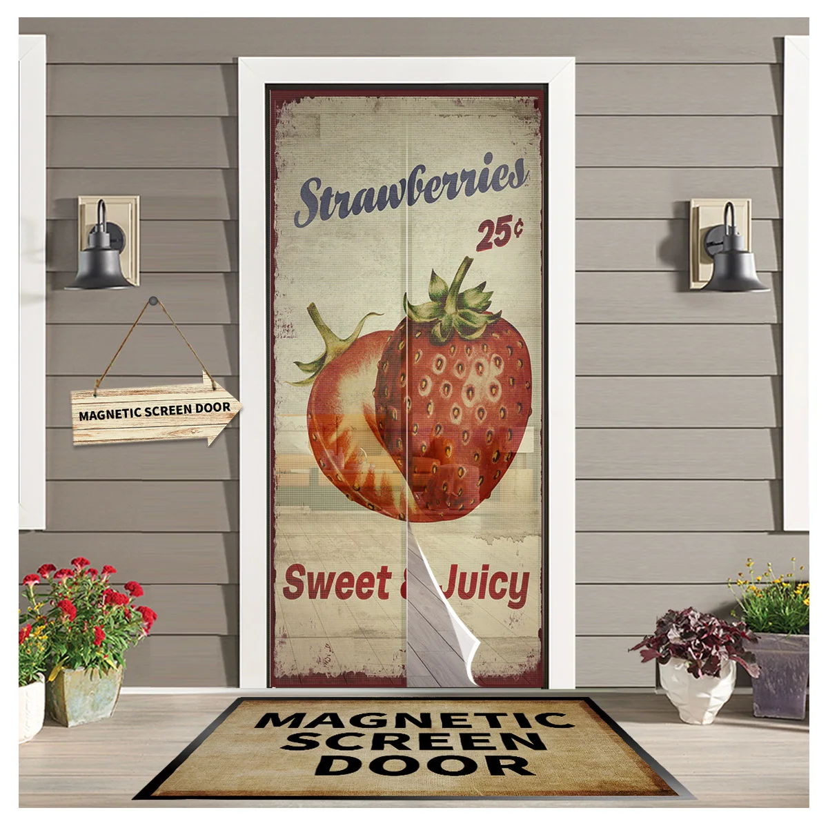 

Fruit Strawberry Wood Grain Retro Magnetic Screen Door Curtain Living Room Bedroom Kitchen Anti-mosquito Window Screen