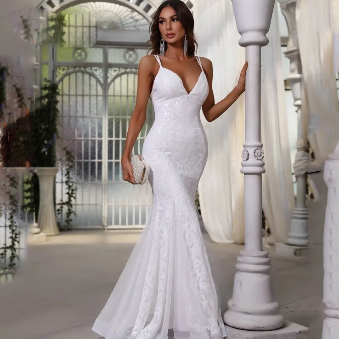 Женское кружевное платье-Русалка на тонких бретельках с открытой спиной для