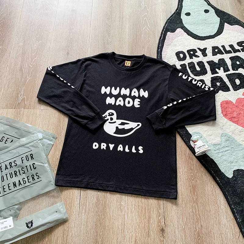 

Human Made Pullover Duck Print Oversize Men Women 1:1 HUMAN MADE Crew Neck Black Long Sleeve T Shirt