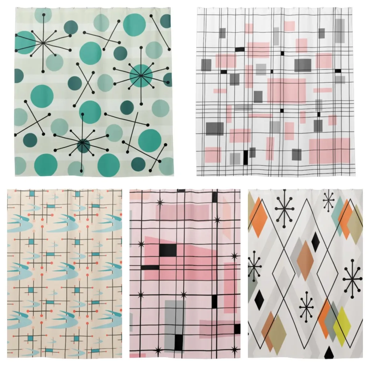 

Ретро-шторы для ванной комнаты с изображением элементов в горошек и звезд и аквамарина