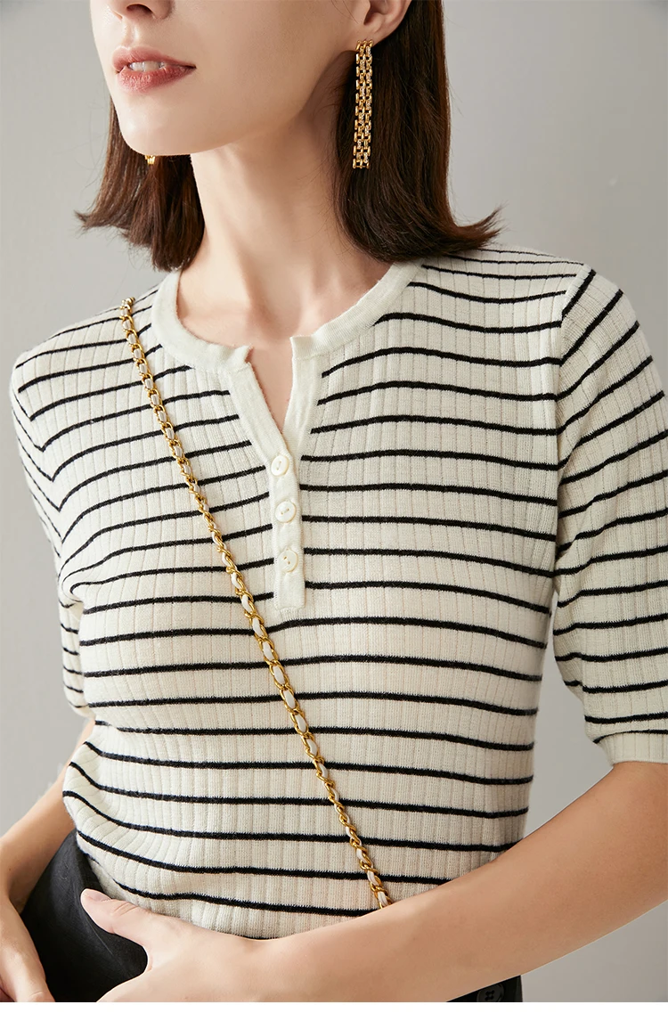 Simple Sle Inner Mongolia Spring and Autumn Thin Worsted Fleece WOMEN'S Half Sleeve Stripe Knit
