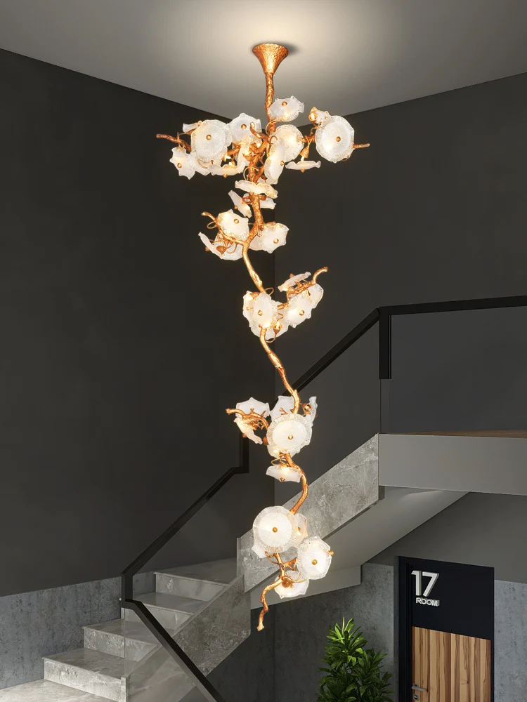 

Retro Lotus Leaf Staircase Long Chandelier Light Luxury Creative Nordic High-Rise Crystal Duplex Villa Living Room Chandelier