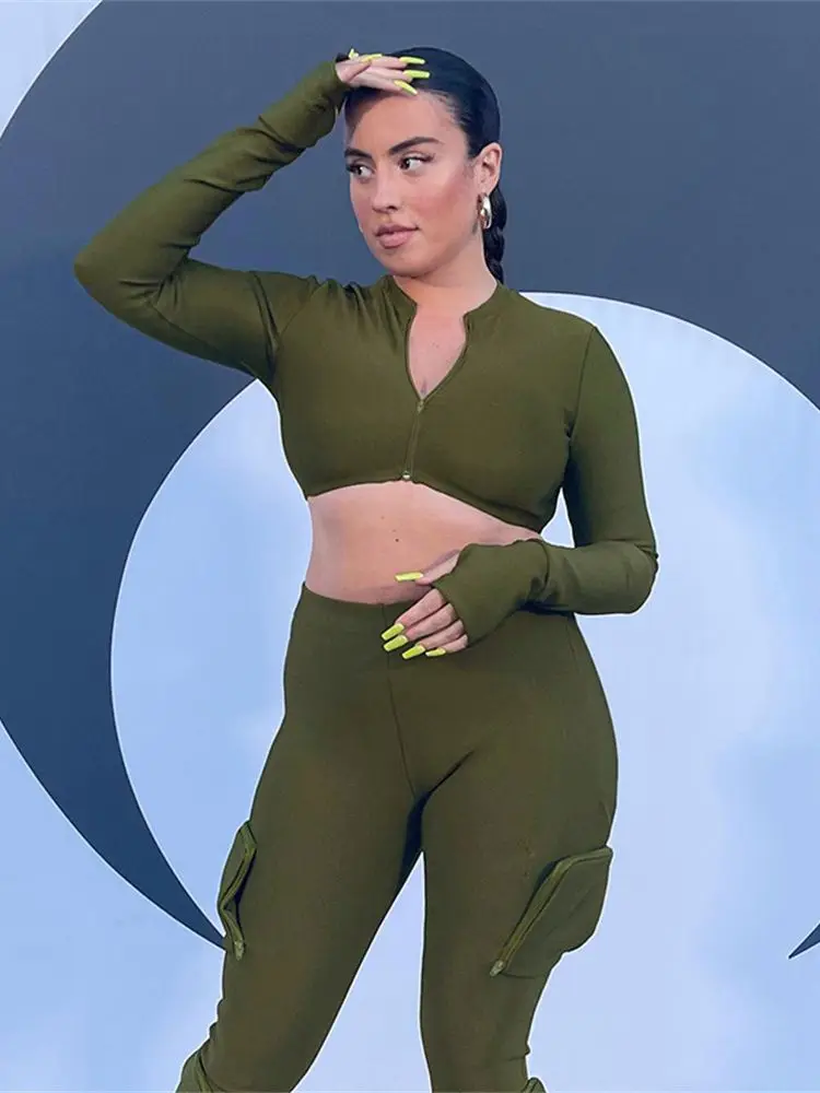 

Zip Cardigan Long Sleeves and 3D Pocket Cargo Pants Casual Trend Sets Bodycon Suit Club Outfits Tracksuit Female