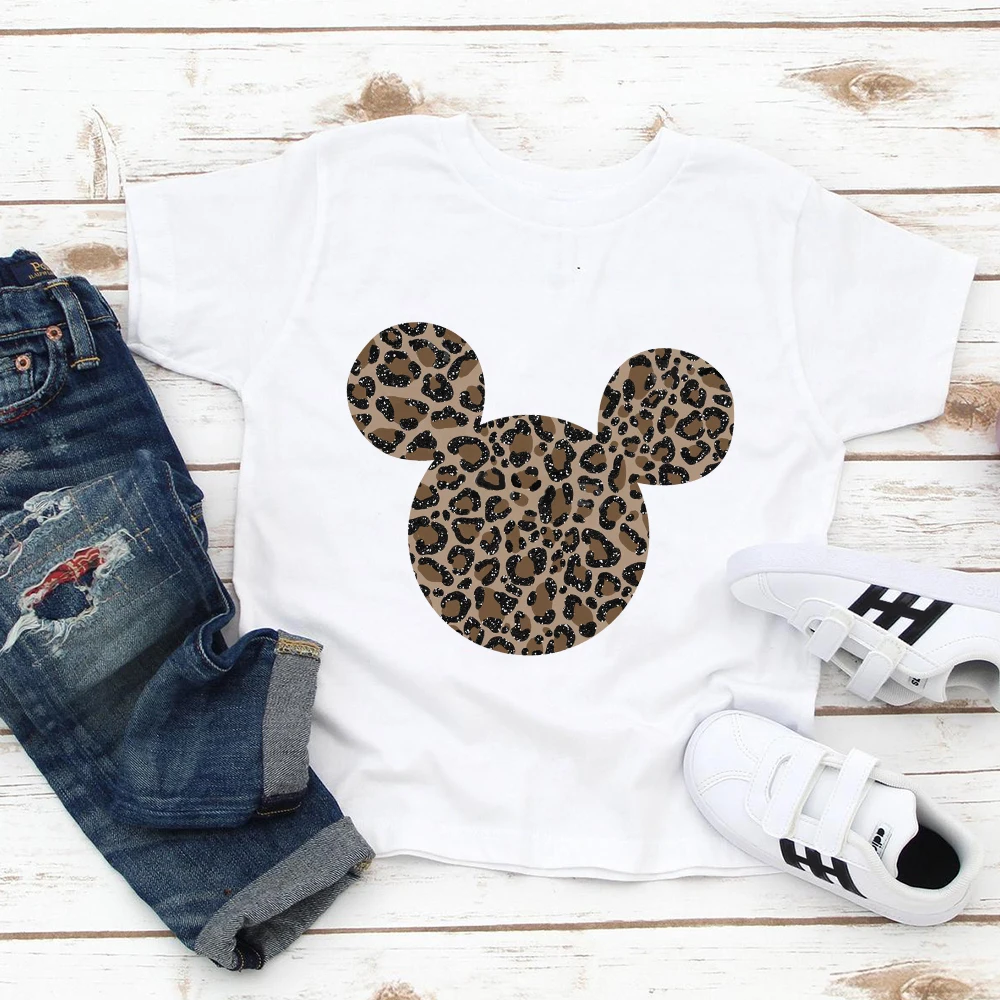 

Disney Summer New Child T-Shirt Comfy Short Sleeve Mickey Mouse Head Graphic Kids T Shirt Leopard Print Baby Girl Boy 3-12T Size