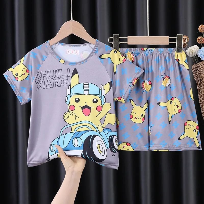 Pokemon Boys Girls Cartoon Pajamas Home Clothes Set Short Sleeve Shorts Loose Sleepwear PIkachu Summer images - 6