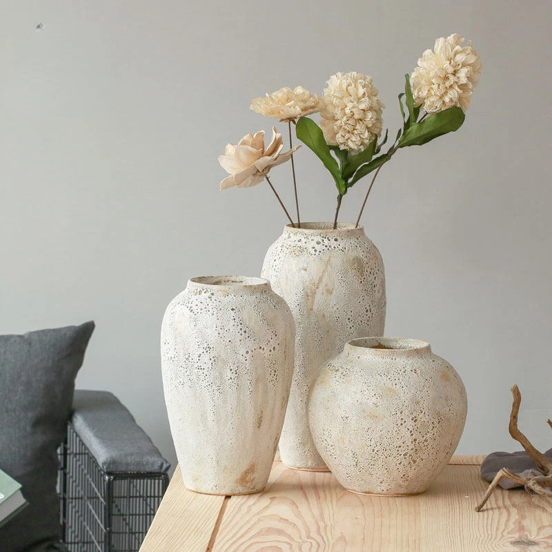 

European-style rough pottery vase creative hotel front desk dry flower storage box matte decorative living room desktop vase