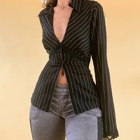 deep v neck elegant fashion with one button blouse and y2k tops vintage stripe decorated sleeve cardigan womens lace shirts