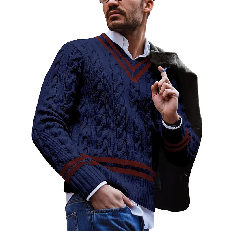 Europe And America V-Neck Men Winter Sweater Stripe Color Contrast Knitted  Fashion Blusa De Frio Masculino HC013