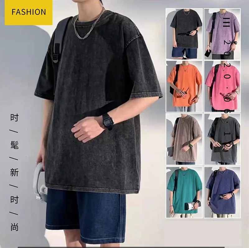 

Mens Clothing Summer T Shirt Trendy Brand Heavyweight 240g Cotton Washed T-shirt Retro Loose Fit Short Sleeved Vintage T-Shirts