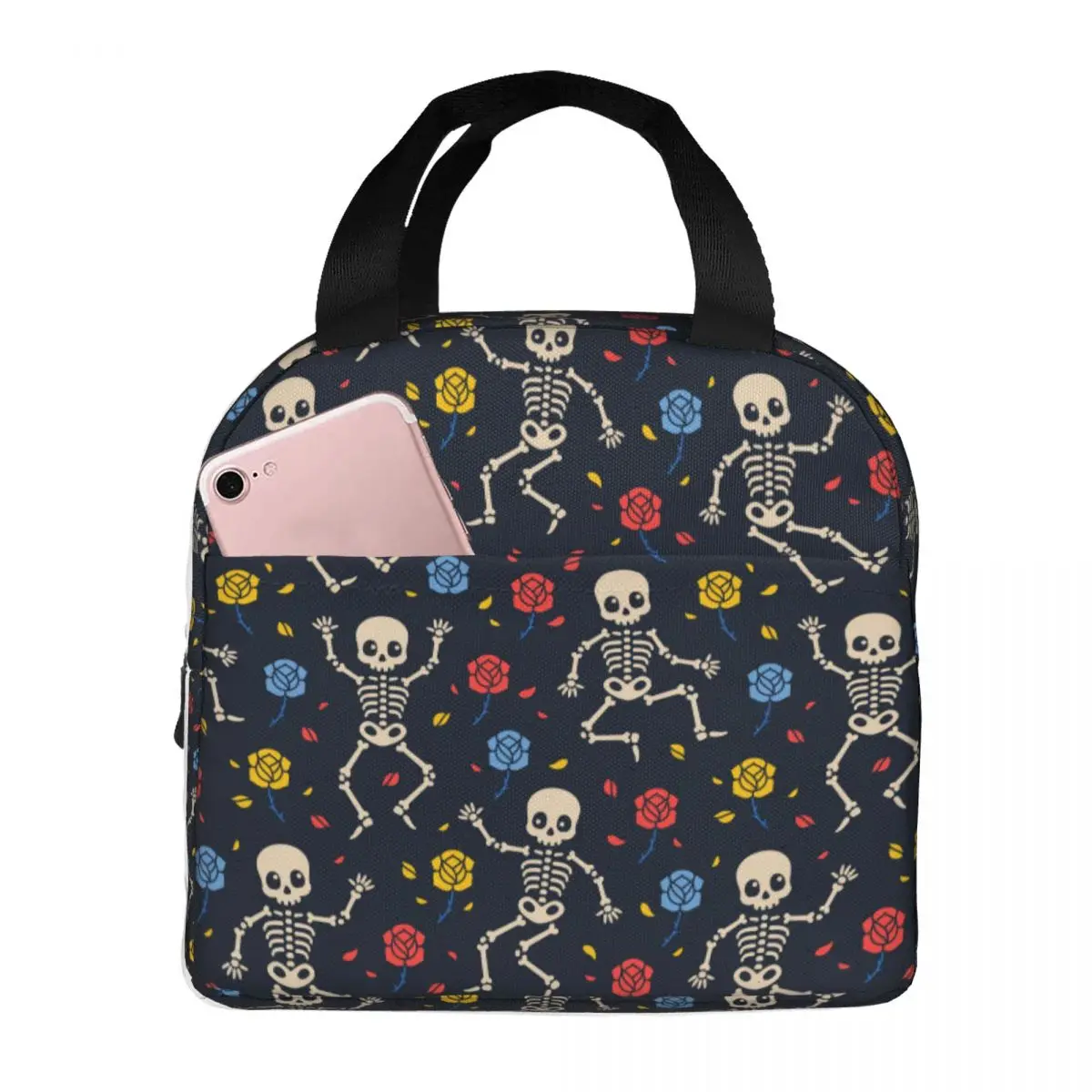 Skeletons And Roses Lunch Bag Waterproof Insulated Oxford Cooler Bags Sugar Skull Thermal Food School Lunch Box for Women Girl